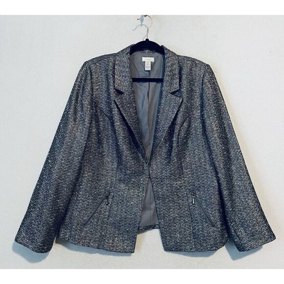 Chicos Blazer Womens Large Gold Metallic Tweed Zippered Pockets Work Career - Picture 1 of 6